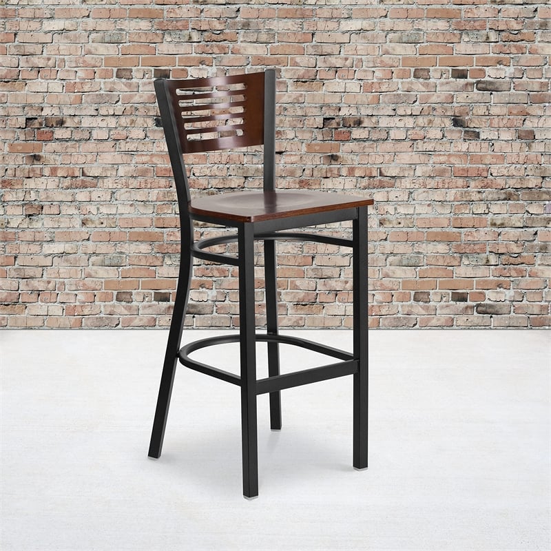 Flash Furniture Metal Restaurant Bar Stool in Black and Walnut