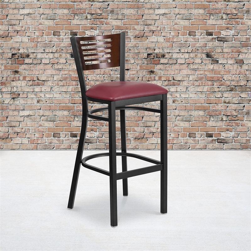 Flash Furniture Metal Restaurant Bar Stool in Burgundy and Walnut