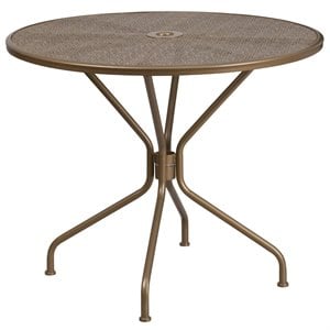 Flash Furniture 35.25&quot Round Steel Flower Print Patio Dining Table in Gold