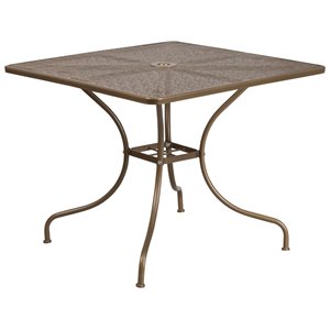 Flash Furniture 35.5&quot Square Steel Flower Print Patio Dining Table in Gold