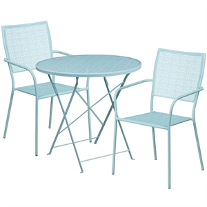 Flash Furniture 3 Piece 30&quot Round Steel Flower Print Patio Dining Set in Blue