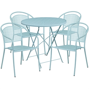Flash Furniture 5 Piece 30&quot Round Steel Flower Print Patio Dining Set in Blue