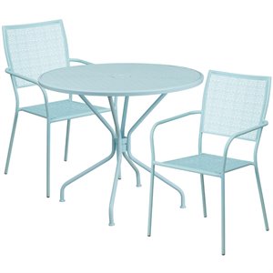 Flash Furniture 3 Piece 35&quot Round Steel Flower Print Patio Dining Set in Blue