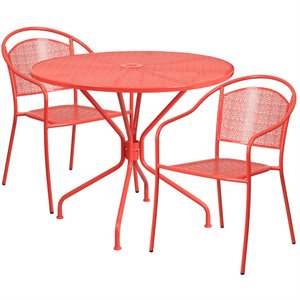 Flash Furniture 3 Piece 35&quot Round Steel Flower Print Patio Dining Set in Red