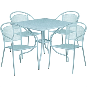 Flash Furniture 5 Piece 36&quot Square Steel Flower Print Patio Dining Set in Blue
