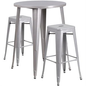 Flash Furniture 3 Piece 30&quot Round Metal Pub Set in Silver