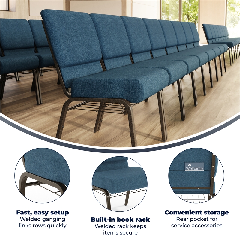 Flash Furniture Hercules Fabric Church Chair in Blue and Goldvein