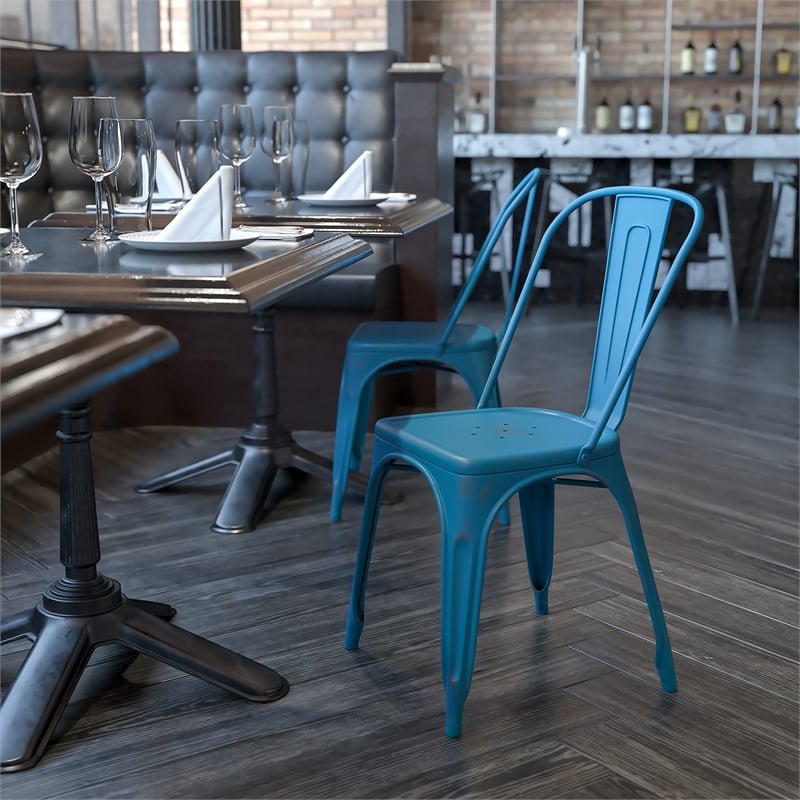 Flash Furniture Metal Curved Slat Back Dining Side Chair in Distressed Blue
