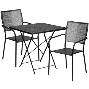 Flash Furniture 3 Piece 28&quot Square Steel Flower Print Patio Dining Set in Black