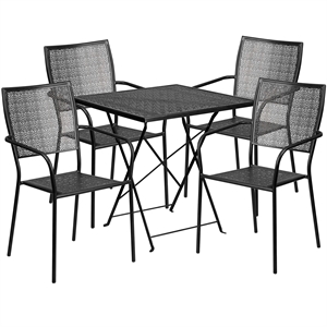 Flash Furniture 5 Piece 28&quot Square Steel Flower Print Patio Dining Set in Black