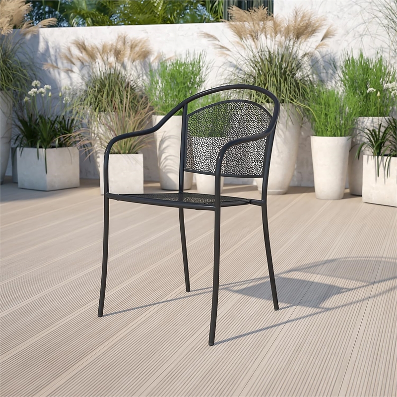 Flash Furniture Stackable Steel Round Back Patio Dining Side Chair in Black