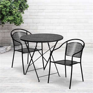 Flash Furniture 3 Piece 30&quot Round Steel Flower Print Patio Dining Set in Black