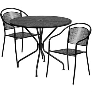 Flash Furniture 3 Piece 35&quot Round Steel Flower Print Patio Dining Set in Black