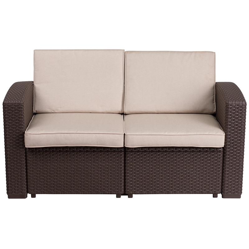 Flash Furniture Wicker Patio Loveseat in Chocolate Brown and Beige