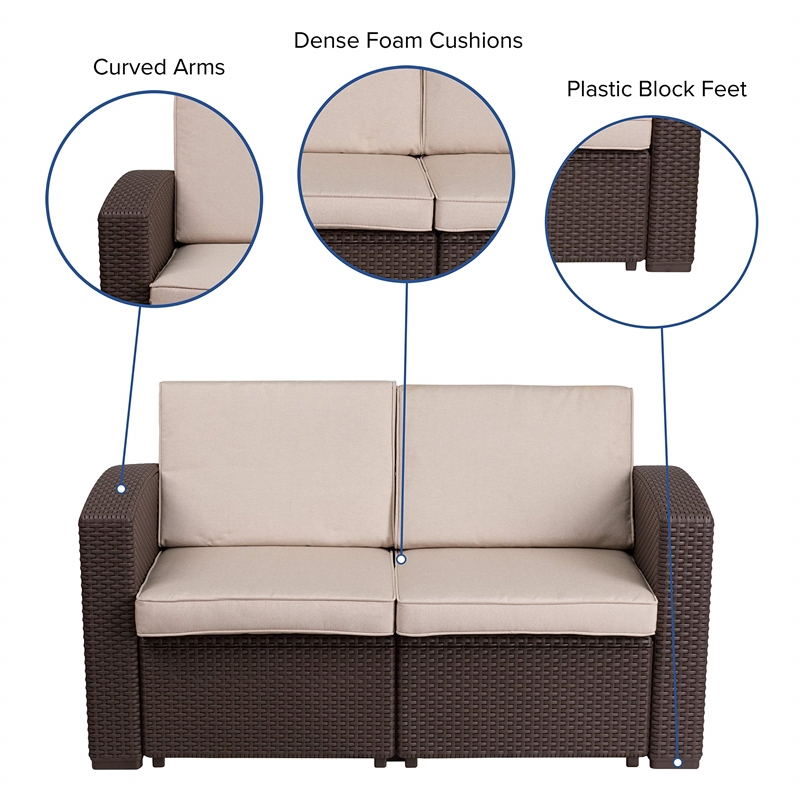 Flash Furniture Wicker Patio Loveseat in Chocolate Brown and Beige