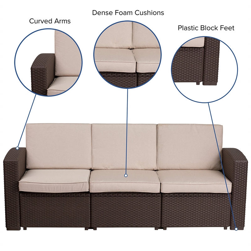 Flash Furniture Wicker Patio Sofa in Chocolate Brown and Beige