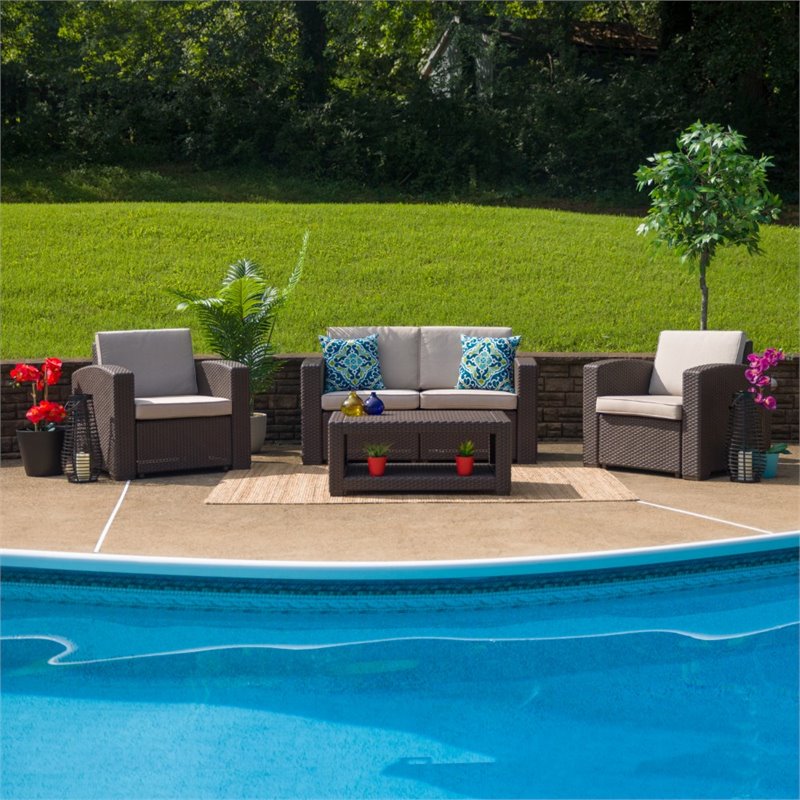 Flash Furniture 4 Piece Wicker Patio Sofa Set in Chocolate Brown and Beige