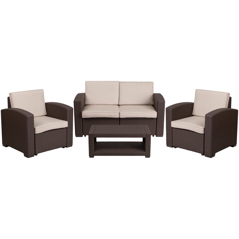 Flash Furniture 4 Piece Wicker Patio Sofa Set in Chocolate Brown and Beige