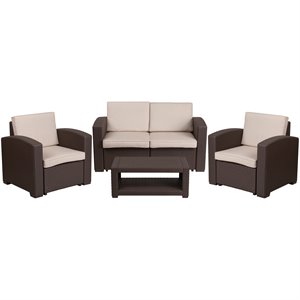Flash Furniture 4 Piece Wicker Patio Sofa Set in Chocolate Brown and Beige