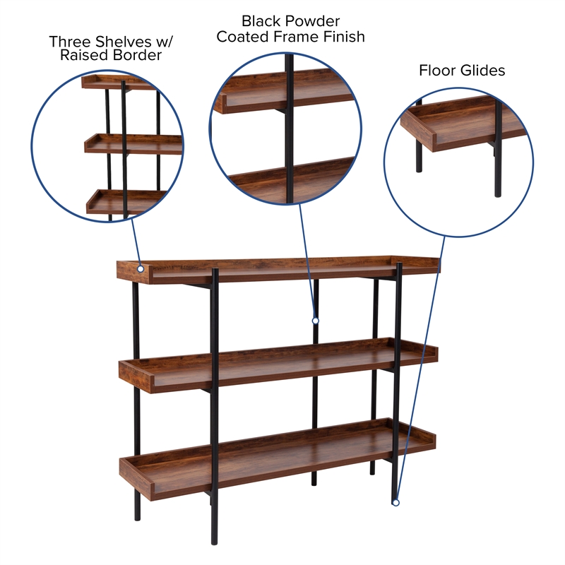 Flash Furniture Mayfair 3 Shelf Wooden Bookcase in Rustic Wood Grain and Black