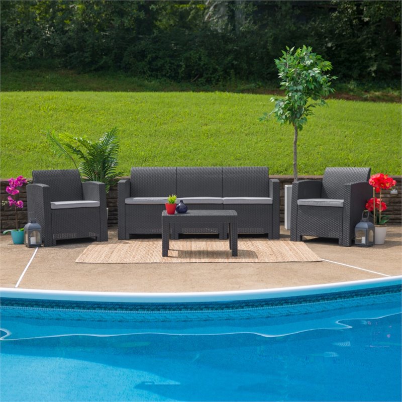 Flash Furniture 4 Piece Wicker Patio Sofa Set in Dark Gray