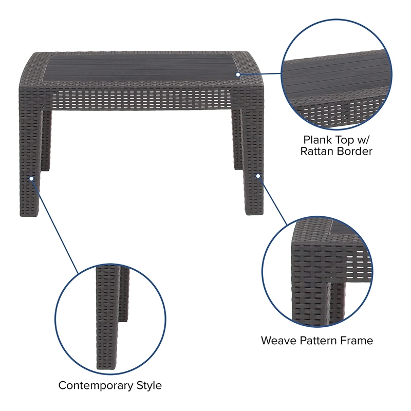 Flash Furniture Wicker Plank Top Patio Coffee Table in Dark Gray