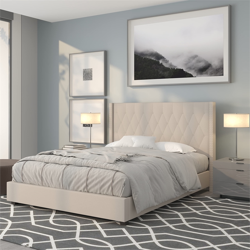 Flash Furniture Riverdale Upholstered Queen Platform Bed in Beige