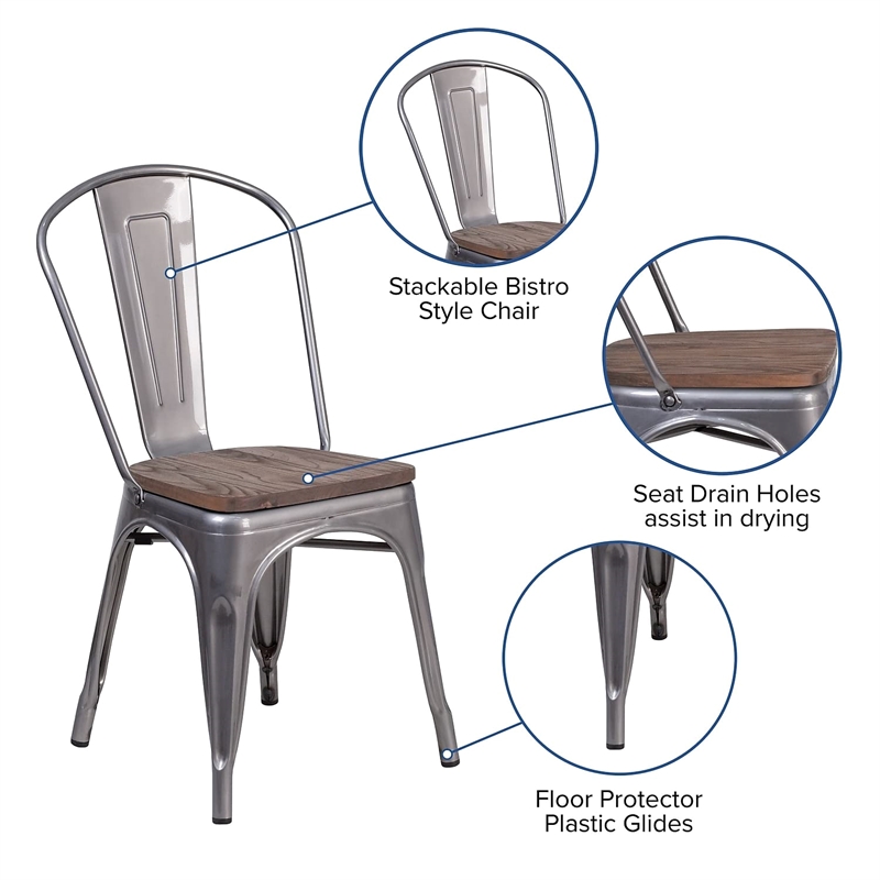 Flash Furniture Clear Coated Metal Stackable Chair with Wood Seat