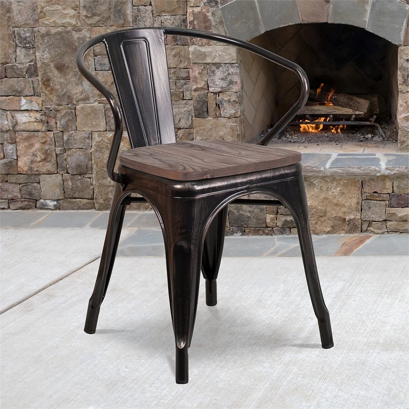 Flash Furniture Metal Chair With Arms In Black-Antique Gold