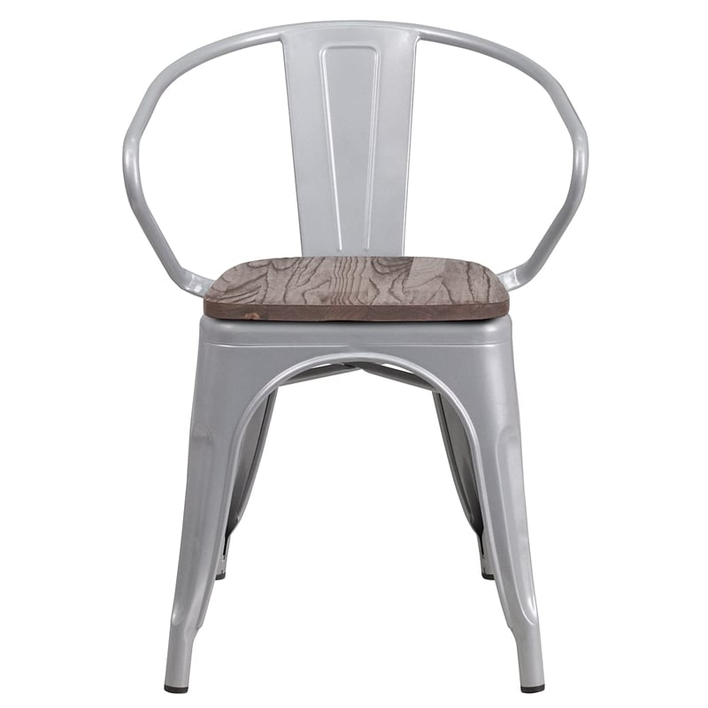 Flash Furniture Metal Dining Arm Chair in Silver and Wood Grain