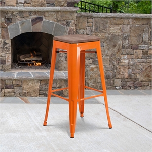 Flash Furniture 30&quot Backless Metal Bar Stool in Orange and Wood Grain