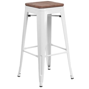 Flash Furniture 30&quot Backless Metal Bar Stool in White and Wood Grain