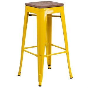Flash Furniture 30&quot Backless Metal Bar Stool in Yellow and Wood Grain