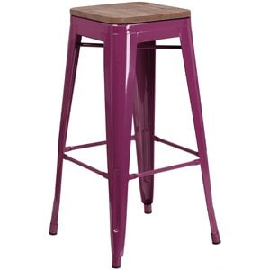 Flash Furniture 30&quot Backless Metal Bar Stool in Purple and Wood Grain