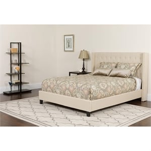 Flash Furniture Riverdale Tufted Queen Wingback Platform Bed in Beige