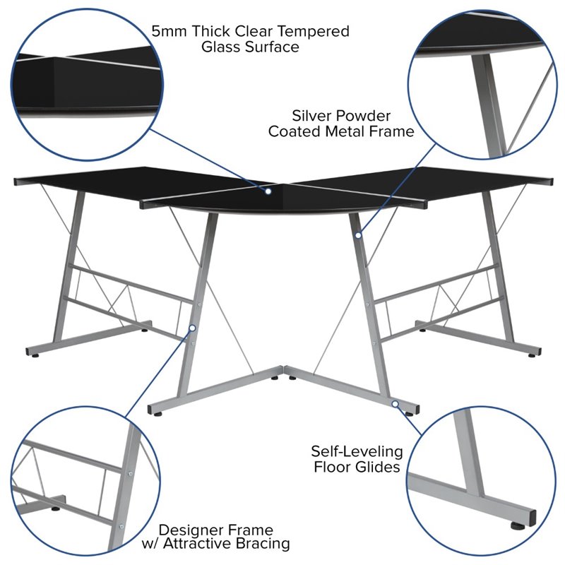 Flash Furniture Glass Top L Shaped Writing Desk in Black and Silver