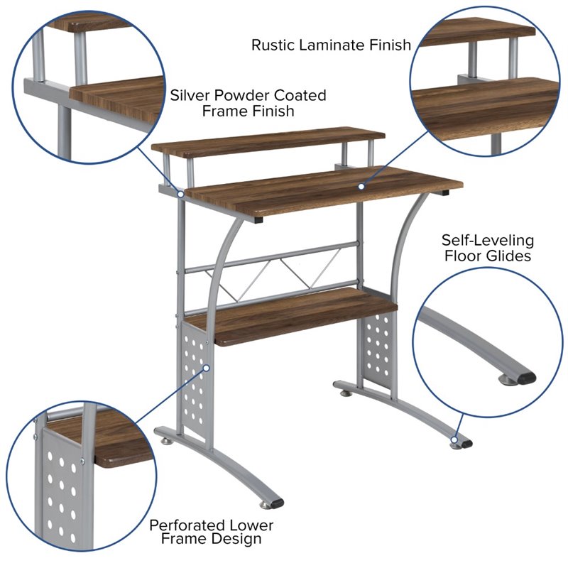 Flash Furniture Clifton Computer Desk in Rustic Walnut and Silver
