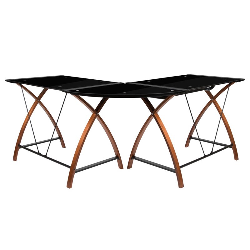Flash Furniture Glass Top L Shaped Computer Desk in Black and Cherry
