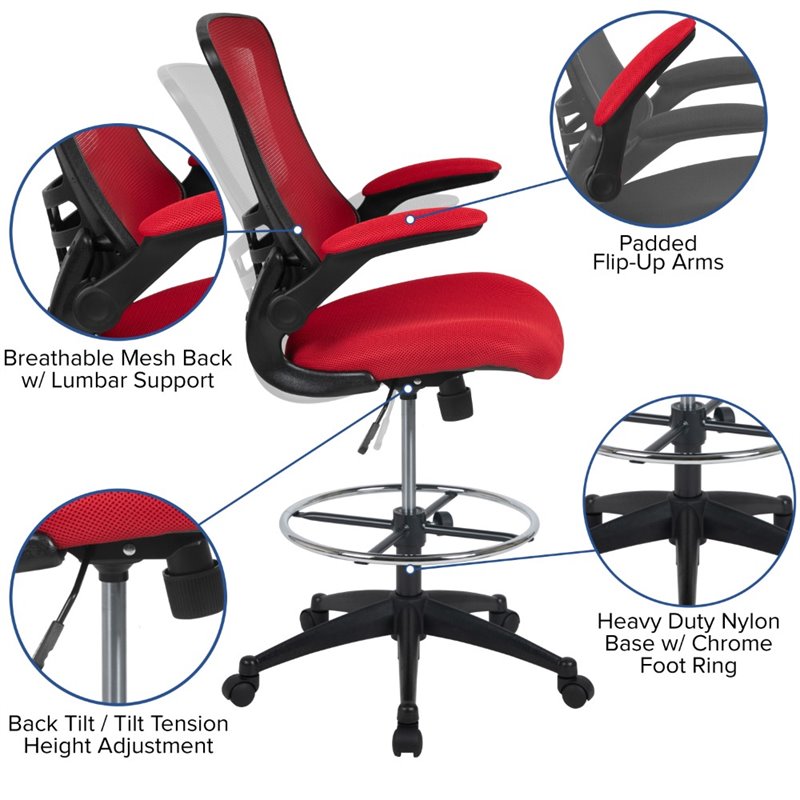 Flash Furniture Mid Back Mesh Drafting Stool in Red