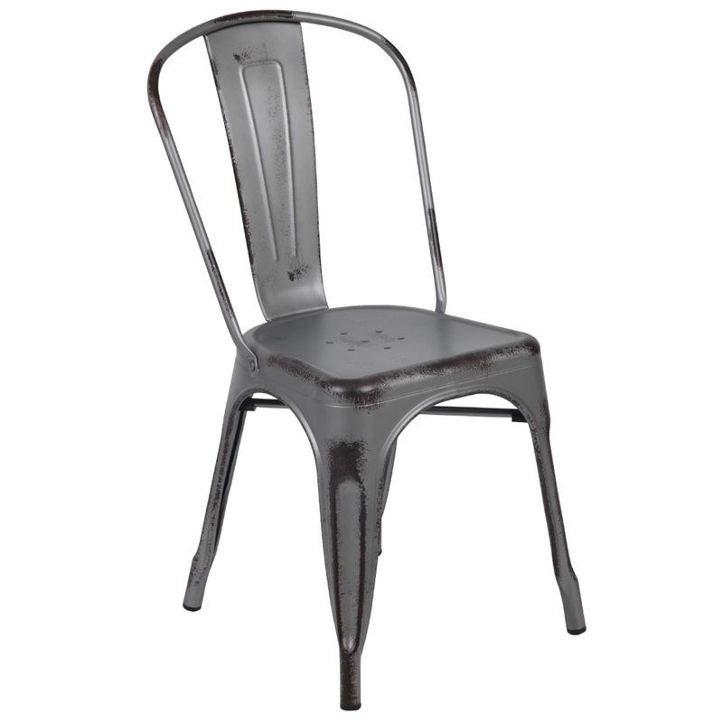Flash Furniture Distressed Stackable Metal Dining Side Chair in Silver Gray