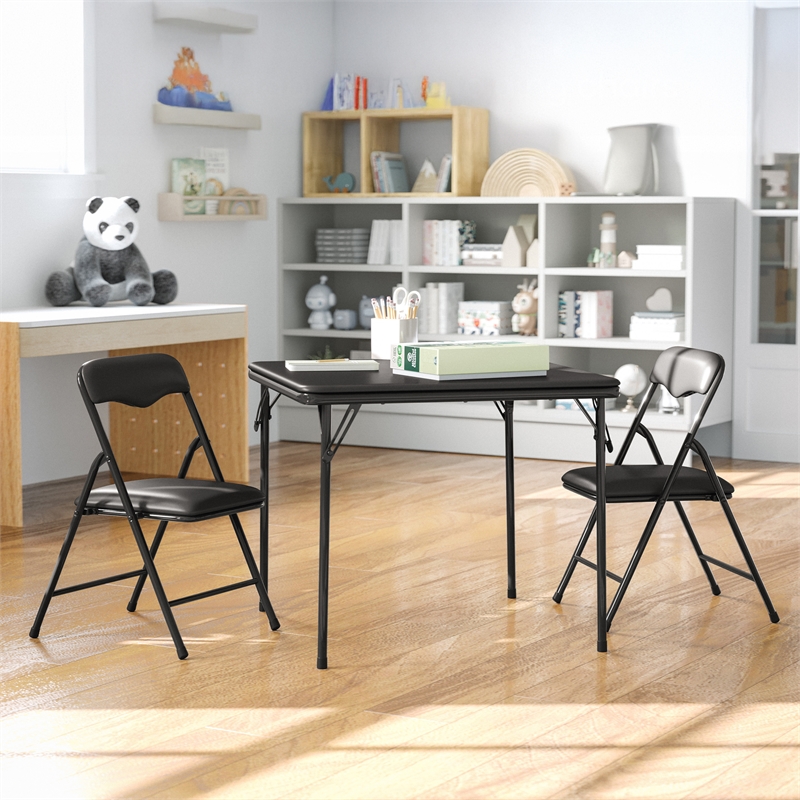 Flash Furniture 3 Piece Square Faux Leather Top Kids Folding Table Set in Black