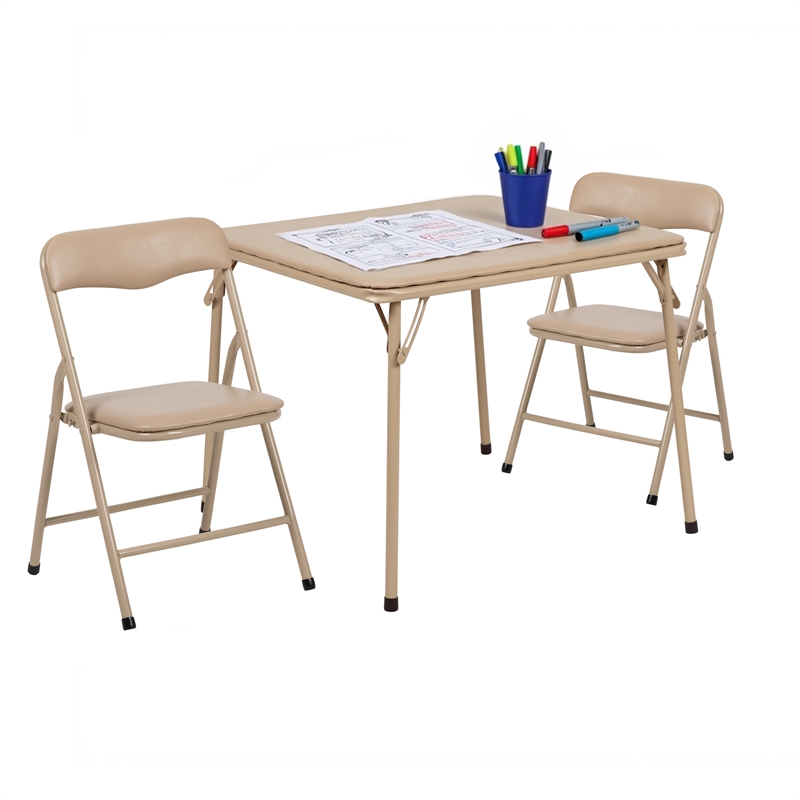 Flash Furniture 3 Piece Square Faux Leather Top Kids Folding Table Set in Tan