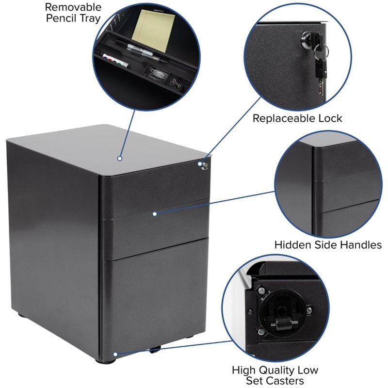 Flash Furniture 3 Drawer Smooth Modern Mobile File Cabinet in Black