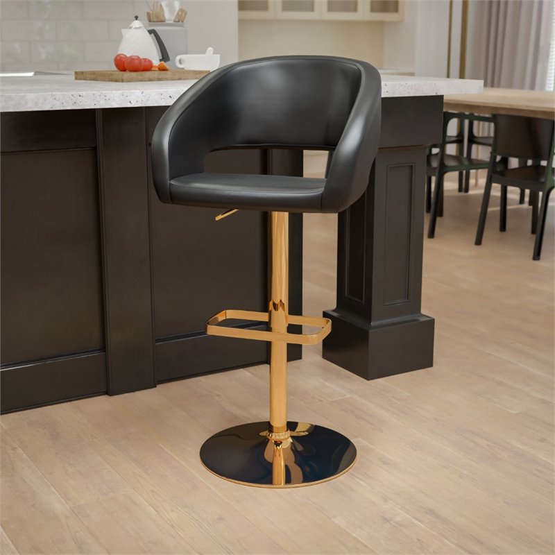 Flash Furniture Faux Leather Mid Back Adjustable Bar Stool in Black and Gold