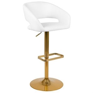 Flash Furniture Faux Leather Mid Back Adjustable Bar Stool in White and Gold