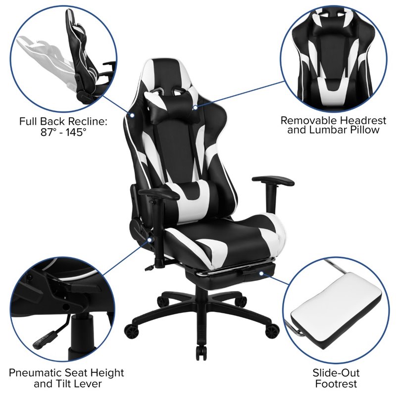 Flash Furniture Leather Racing Swivel Reclining Gaming Chair in Black and White
