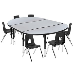 Flash Furniture 9 Piece 76&quot Oval Wave Wood Activity Table Set in Gray and Black