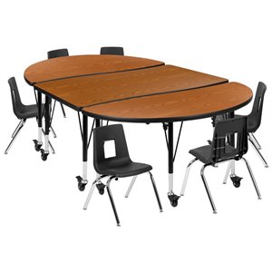 Flash Furniture 9 Piece 76&quot Oval Wave Mobile Activity Table Set in Oak and Black