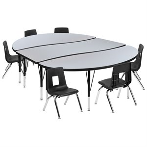 Flash Furniture 9 Piece 86&quot Oval Wave Wood Activity Table Set in Gray and Black