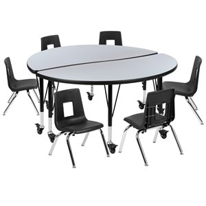 Flash Furniture 8 Piece 48&quot Circle Wave Wood Mobile Activity Table Set in Gray